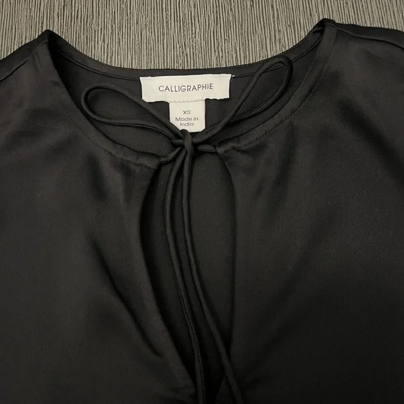 Calligraphie‎ Black Tie Front Tunic Balloon Burnout Velvet Sheer Sleeve Size XS - Picture 3 of 12